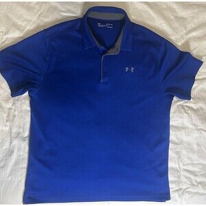 Under Armour Heat Gear Polo Shirt Mens XL Short Sleeve Loose Graphic Logo Blue
